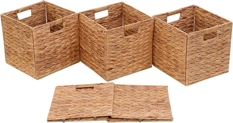 Storage Baskets Wicker Baskets 11in Foldable Handwoven Water Hyacinth Laundry Organizer Set 4 pcs