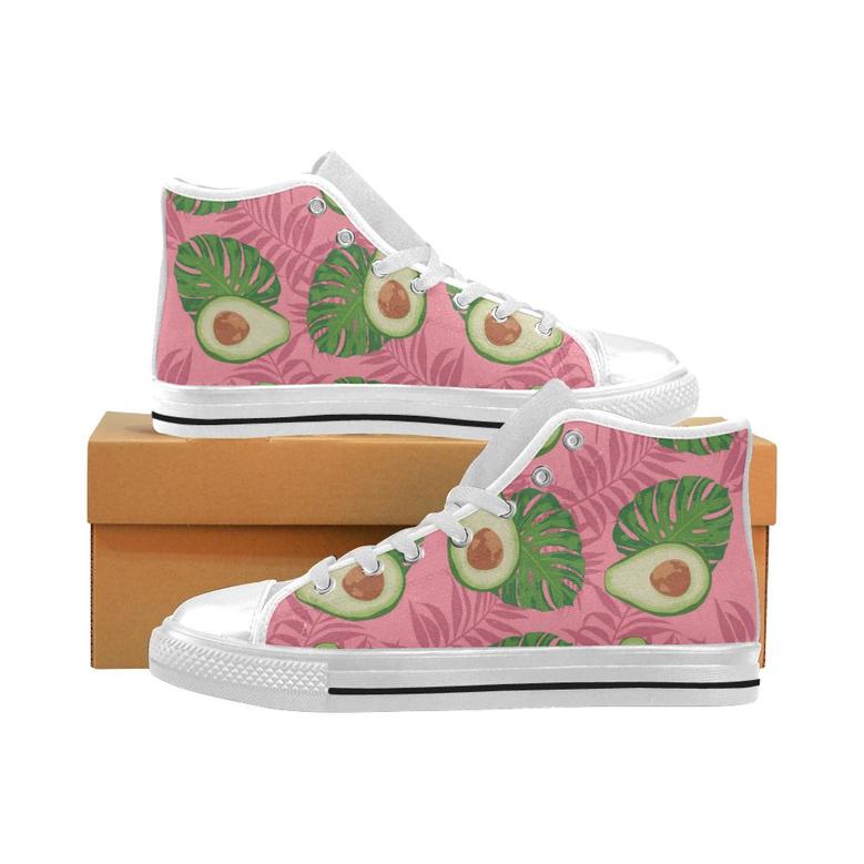Avocado slices leaves pink back ground Men's High Top Shoes White