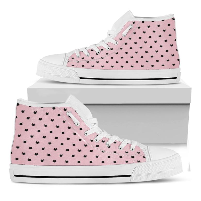 Black And Pink Cat Pattern Print White High Top Shoes