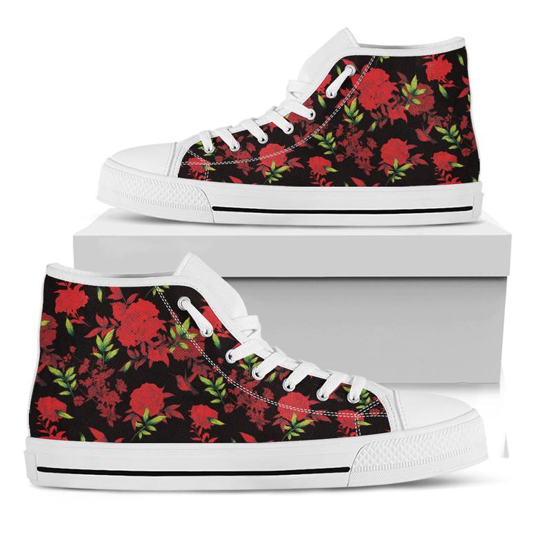 Black And Red Roses Floral Print White High Top Shoes