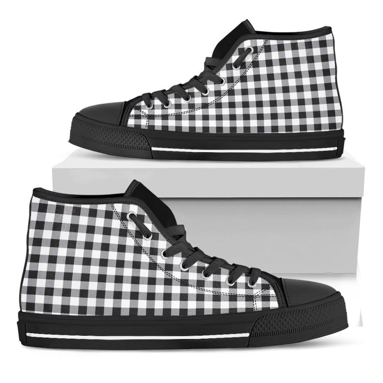 Black And White Check Pattern Print Black High Top Shoes