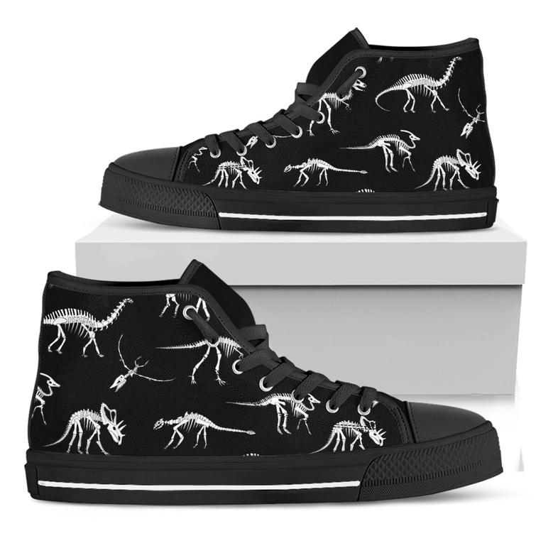 Black And White Dinosaur Fossil Print Black High Top Shoes