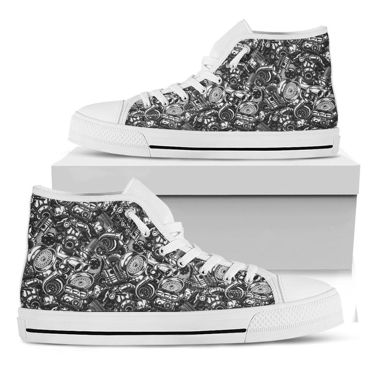 Black And White Mechanic Pattern Print White High Top Shoes
