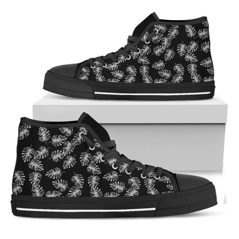 Black And White Monstera Pattern Print Black High Top Shoes