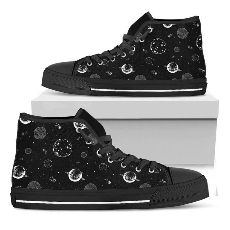 Black And White Planets Pattern Print Black High Top Shoes