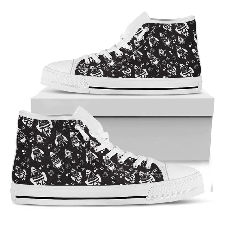 Black And White Rocket Pattern Print White High Top Shoes