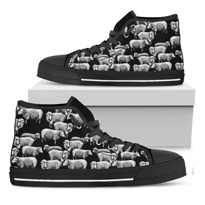 Black And White Sheep Pattern Print Black High Top Shoes