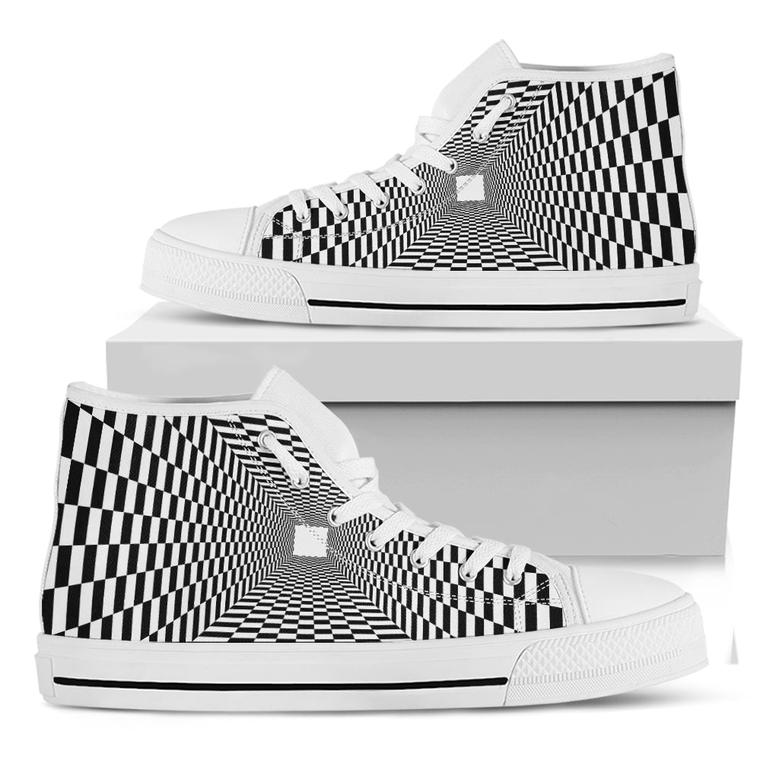 Black And White Tunnel Illusion Print White High Top Shoes