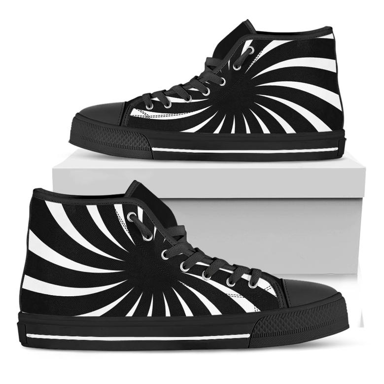 Black And White Vortex Swirl Print Black High Top Shoes