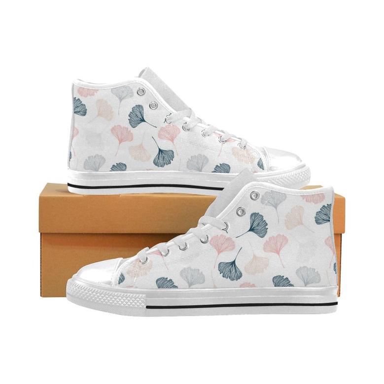Black Gray Cream coral ginkgo leaves pattern Men's High Top Shoes White
