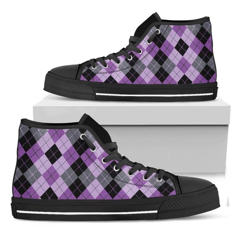 Black Grey And Violet Argyle Print Black High Top Shoes
