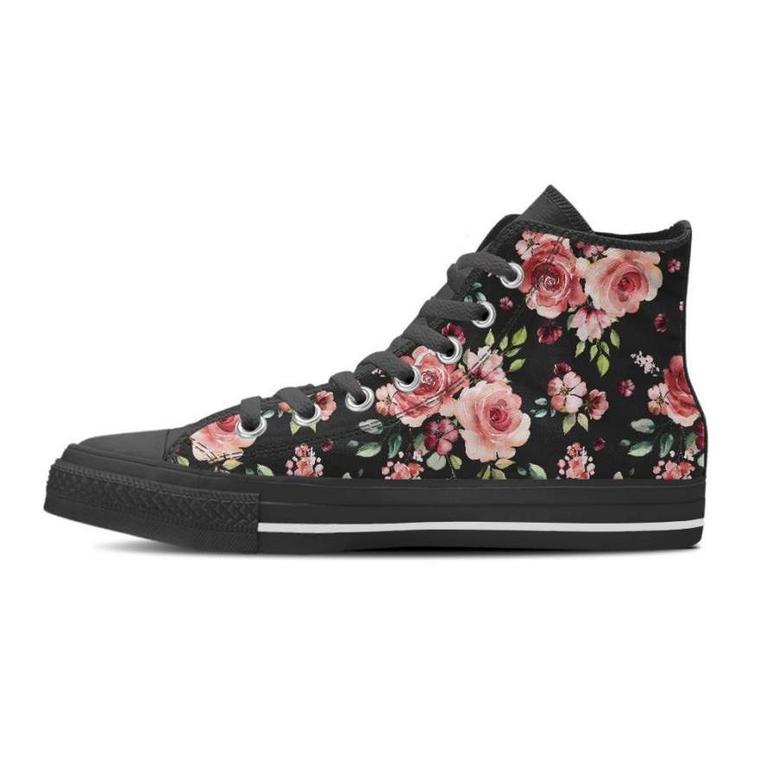 Black Pink Rose Flower Print Men's High Top Shoes