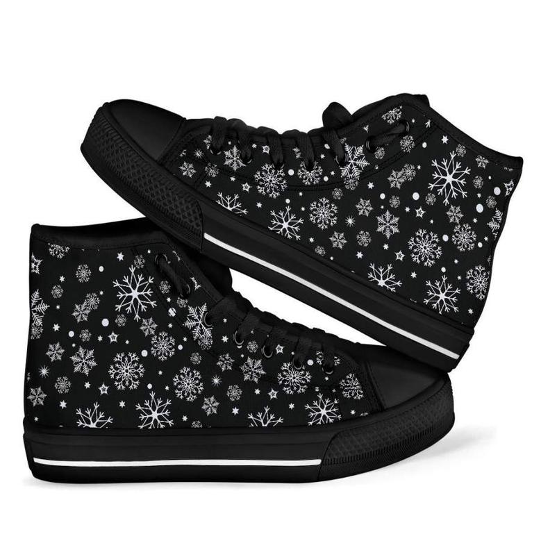 Black Snowflake Pattern Print Men Women's High Top Shoes