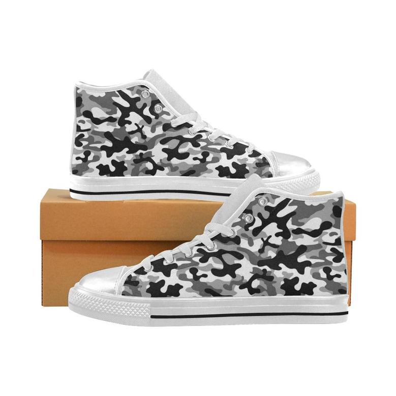 Black white camouflage pattern Women's High Top Shoes White