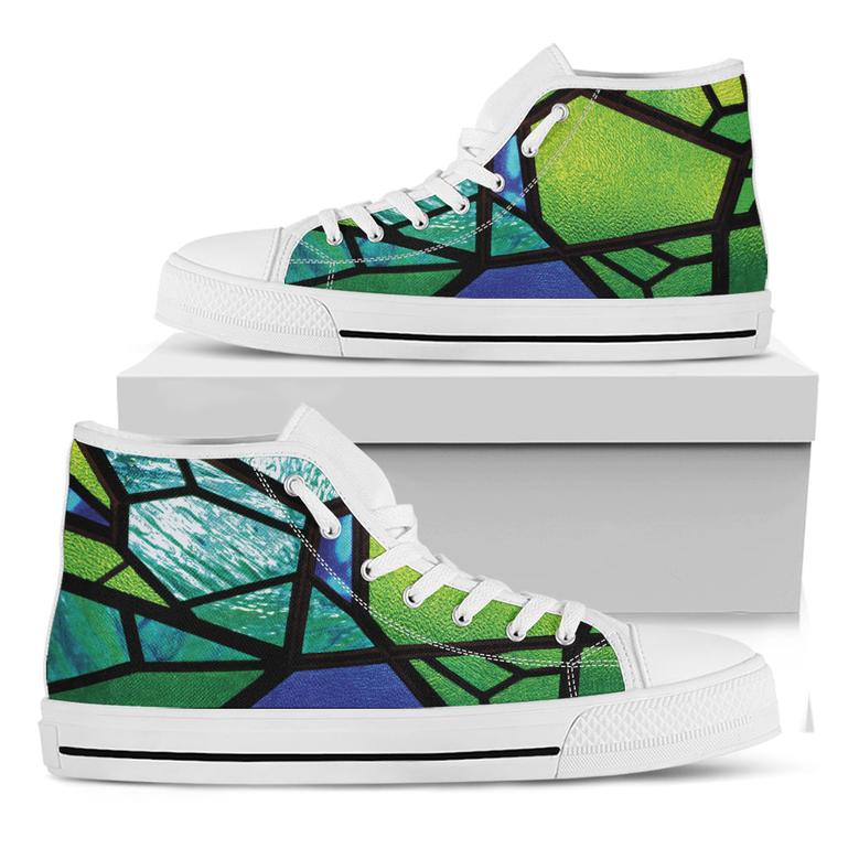 Blue And Green Stained Glass Print White High Top Shoes