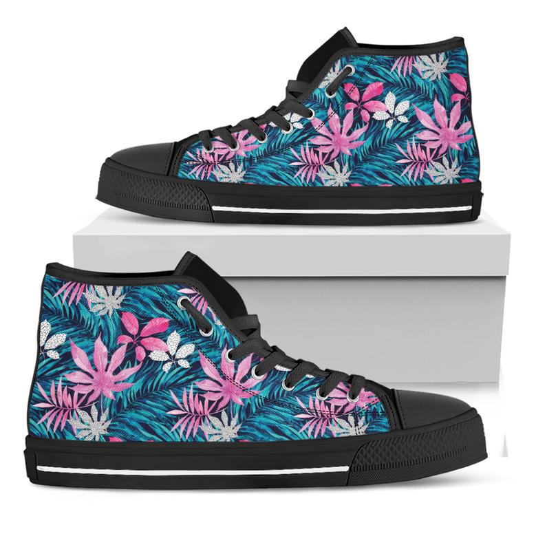 Blue And Pink Watercolor Hawaiian Print Black High Top Shoes
