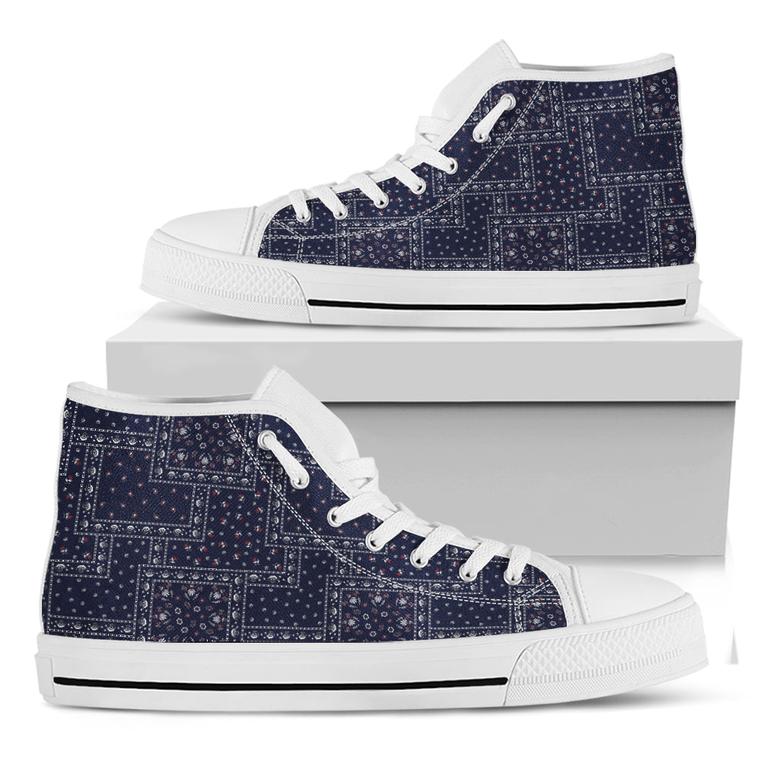 Blue Floral Patchwork Pattern Print White High Top Shoes