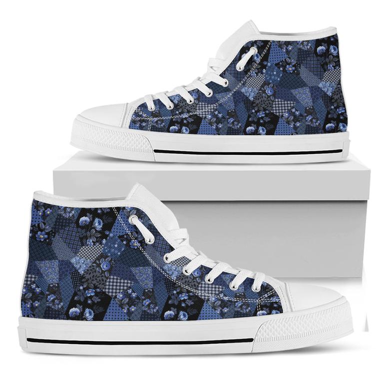 Blue Flower Patchwork Pattern Print White High Top Shoes