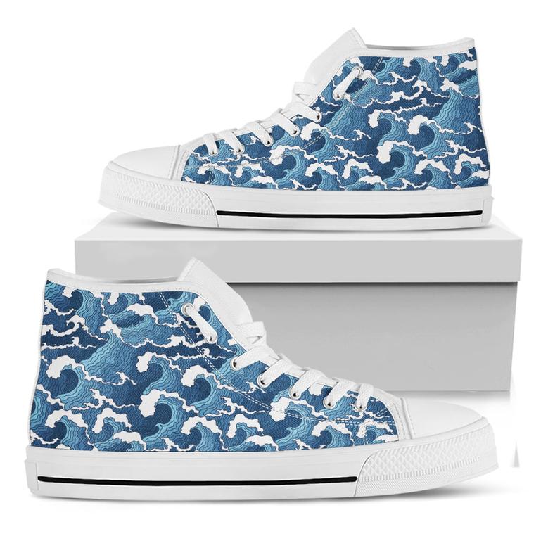Blue Japanese Wave Pattern Print White High Top Shoes