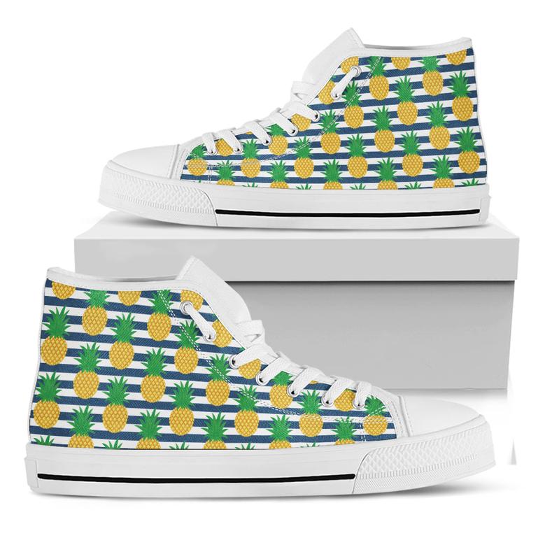 Blue Striped Pineapple Pattern Print White High Top Shoes
