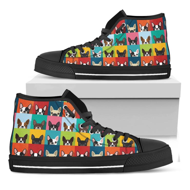 Boston Terrier Puppy Faces Print Black High Top Shoes