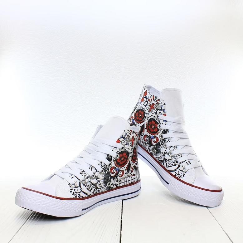 Calavera Decorated Mexican Skull Custom Personalized Sneakers, White High Top Shoes