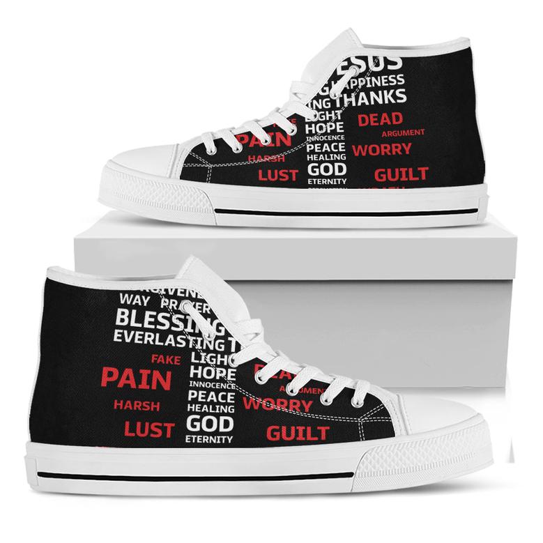 Christian Cross Religious Words Print White High Top Shoes