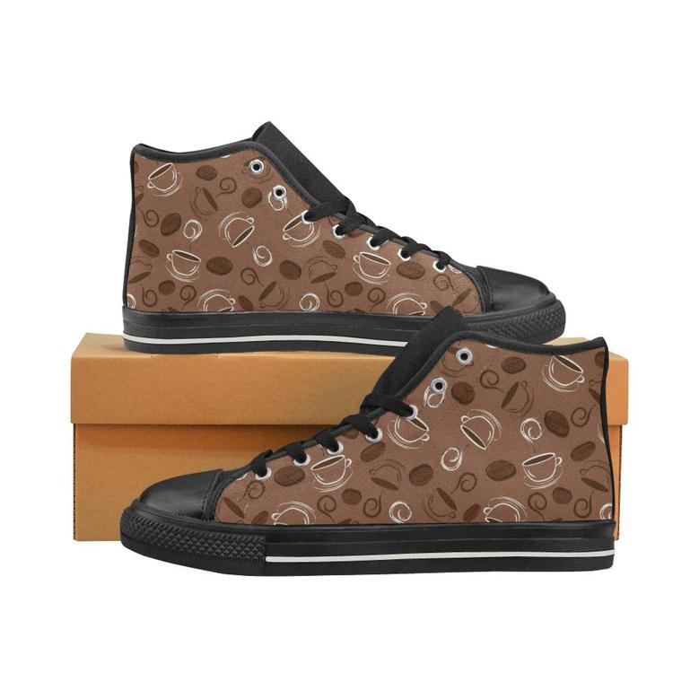 Coffee Cup and Coffe Bean Pattern Women's High Top Shoes Black
