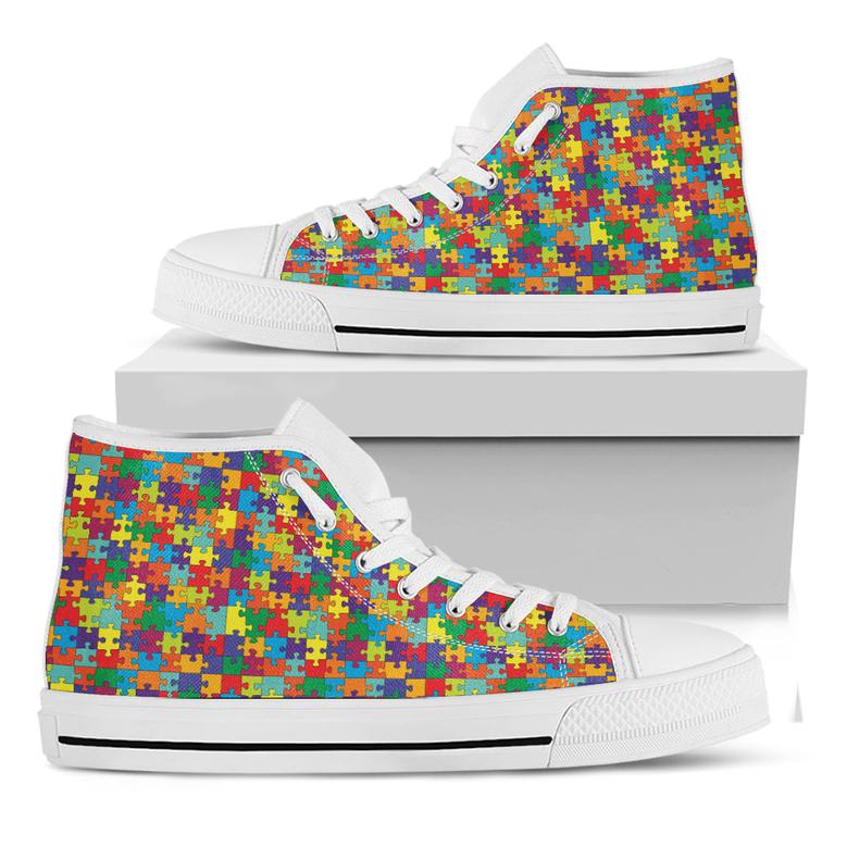 Colorful Autism Awareness Puzzle Print White High Top Shoes