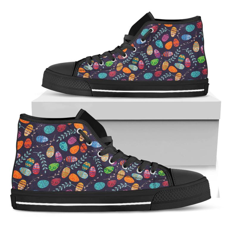 Colorful Easter Eggs Pattern Print Black High Top Shoes