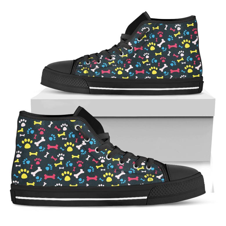Colorful Paw And Bone Pattern Print Black High Top Shoes