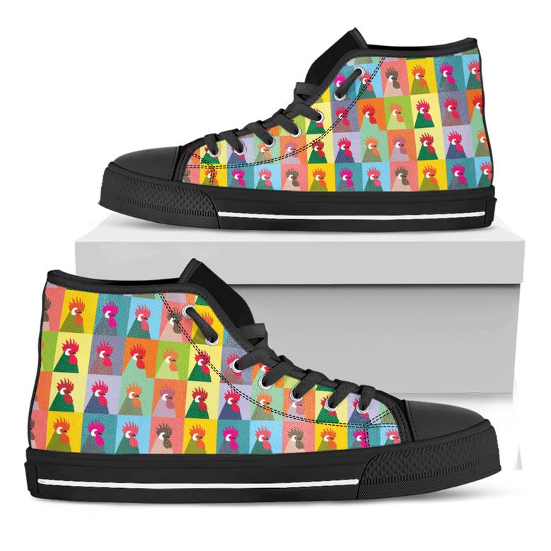 Colorful Rooster Pattern Print Black High Top Shoes