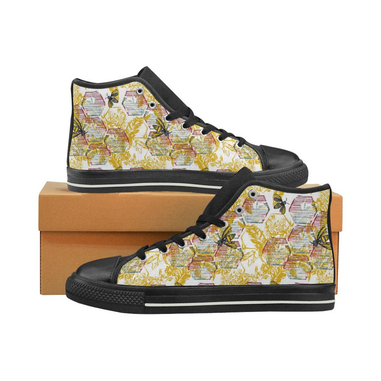 Cool Bee honeycomb leaves pattern Women's High Top Shoes Black