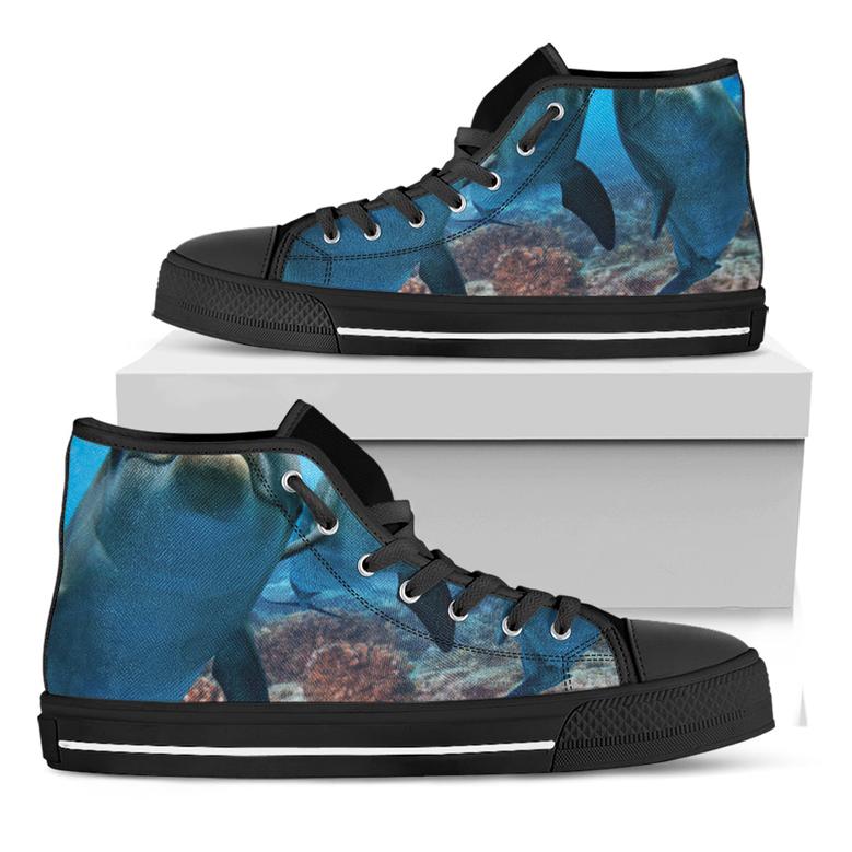 Cute Dolphins In The Ocean Print Black High Top Shoes