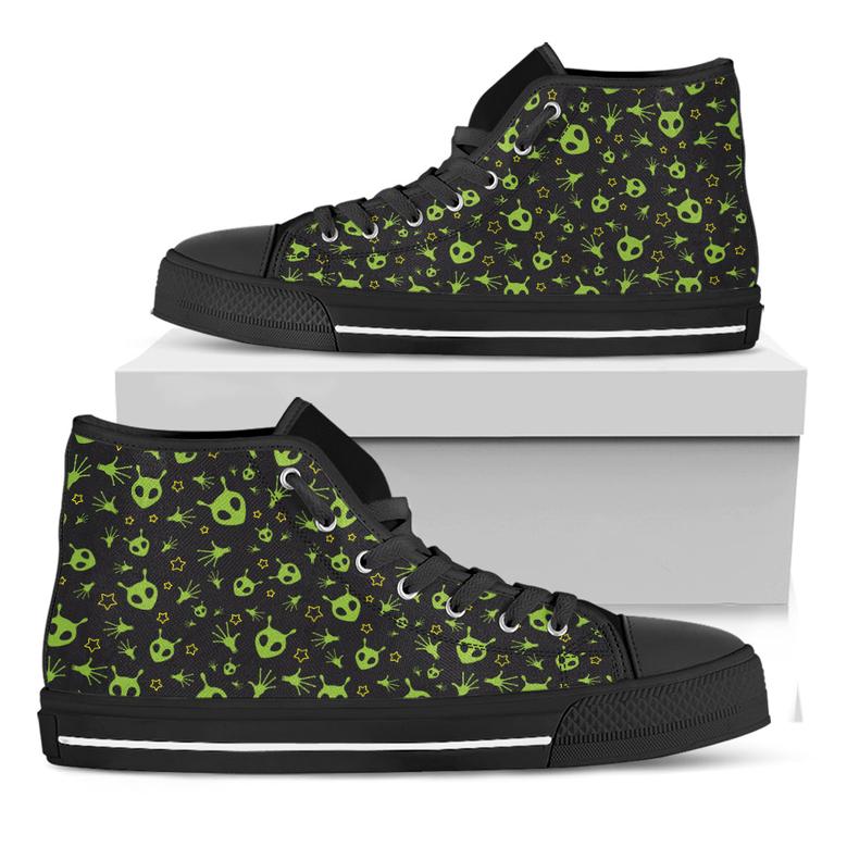 Cute Green Alien Pattern Print Black High Top Shoes