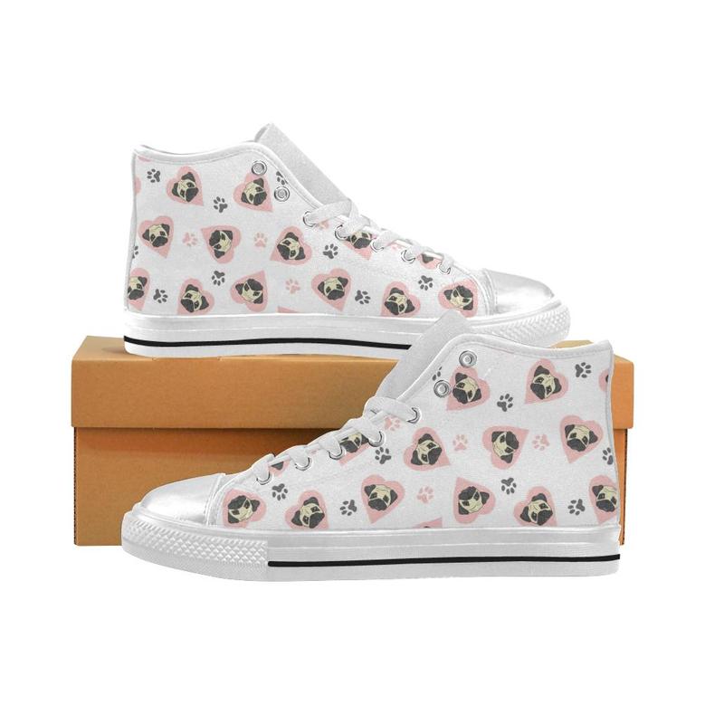 Cute pugs pink heart paw pattern Women's High Top Shoes White