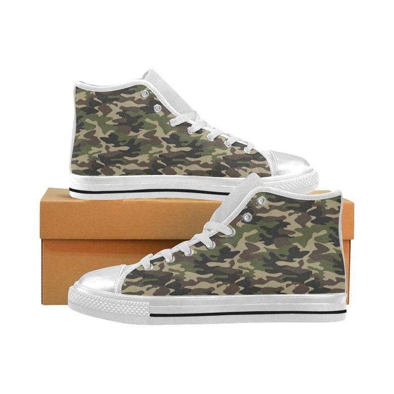 Dark Green camouflage pattern Women's High Top Shoes White