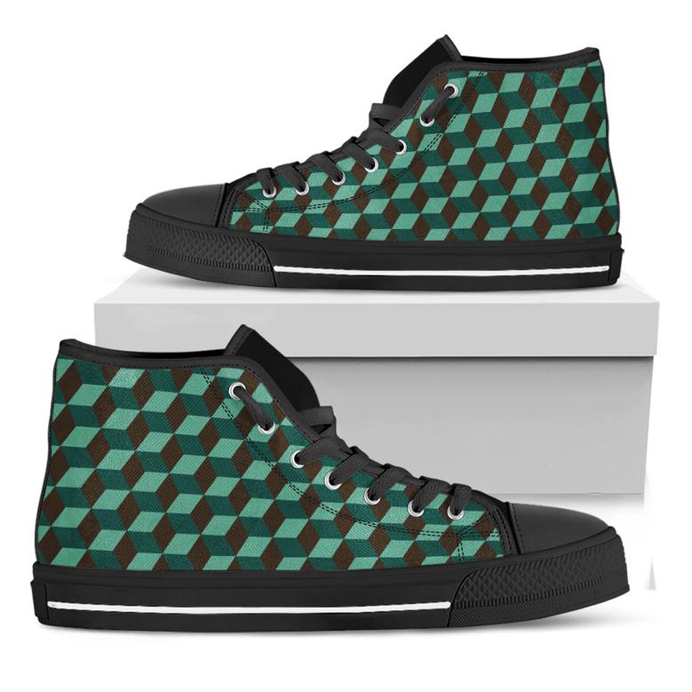 Dark Green Geometric Cube Black High Top Shoes