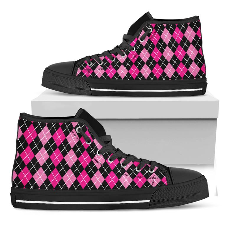 Deep Pink And Black Argyle Black High Top Shoes