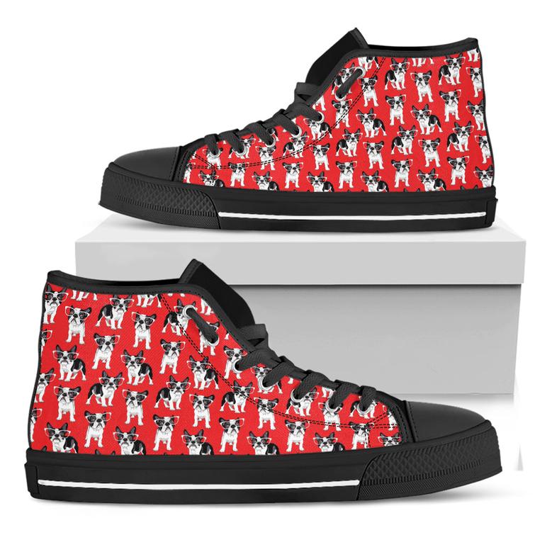 French Bulldog With Glasses Print Black High Top Shoes