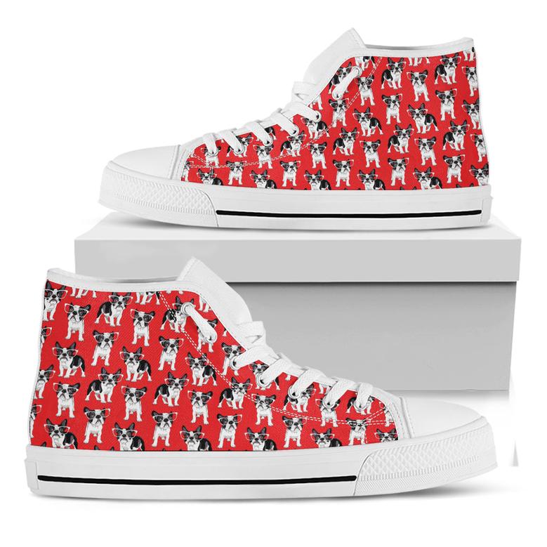 French Bulldog With Glasses Print White High Top Shoes
