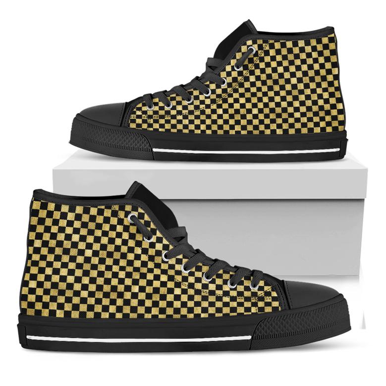 Gold And Black Checkered Pattern Print Black High Top Shoes