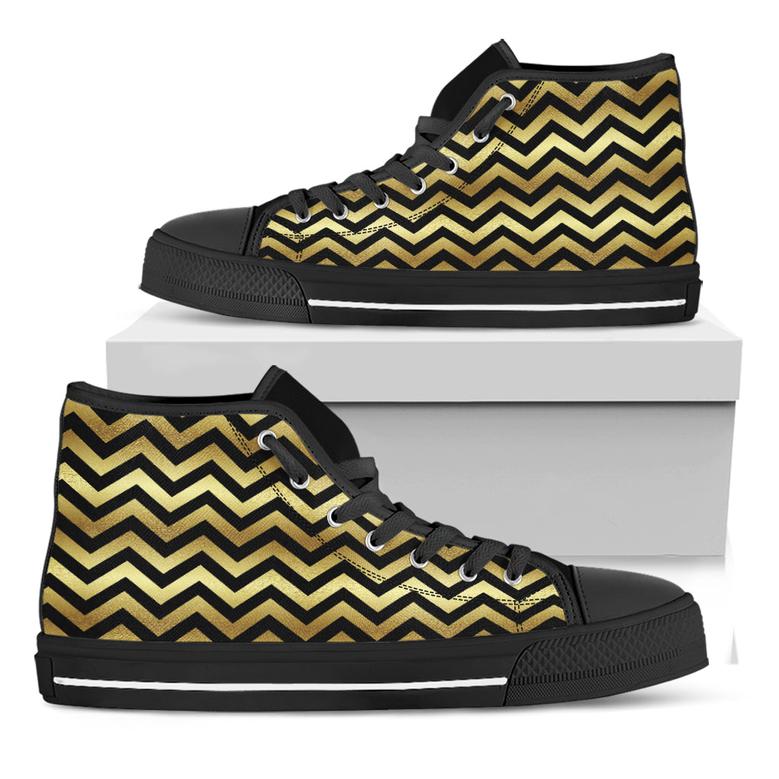 Gold And Black Chevron Pattern Print Black High Top Shoes