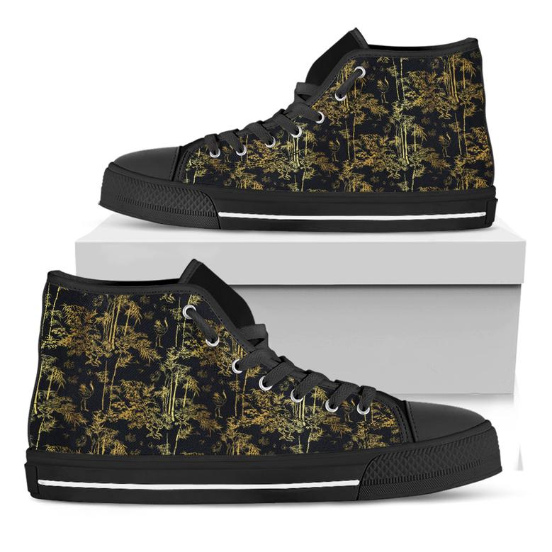 Gold And Black Japanese Bamboo Print Black High Top Shoes