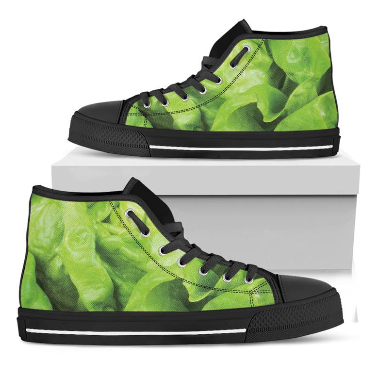 Green Lettuce Leaves Print Black High Top Shoes