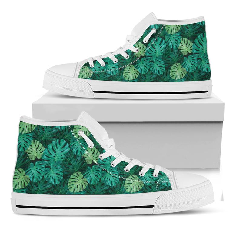 Green Tropical Monstera Pattern Print White High Top Shoes