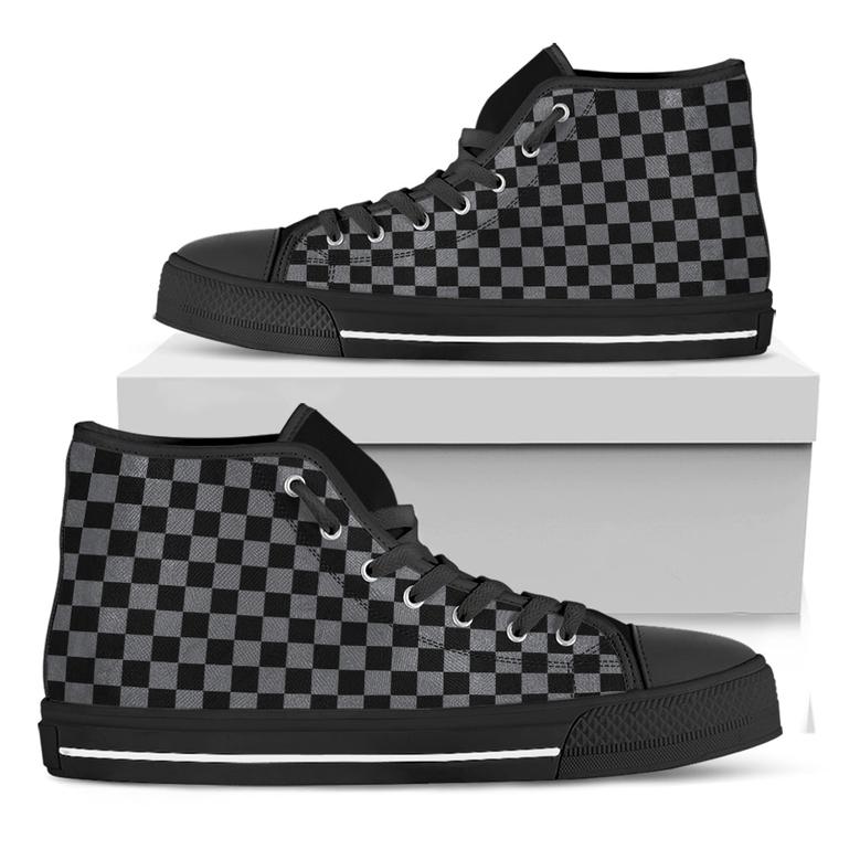 Grey And Black Checkered Pattern Print Black High Top Shoes