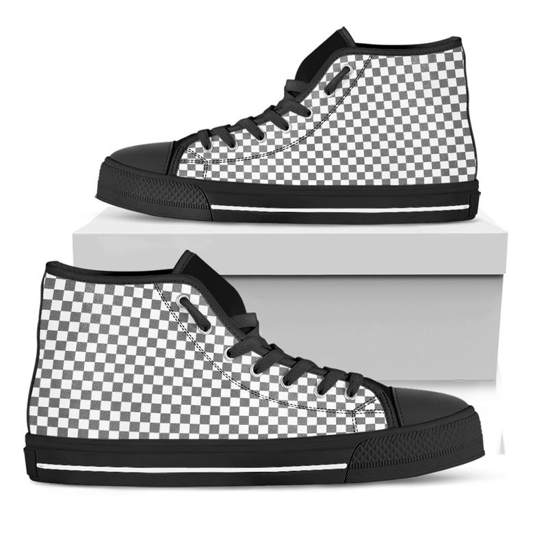 Grey And White Checkered Pattern Print Black High Top Shoes