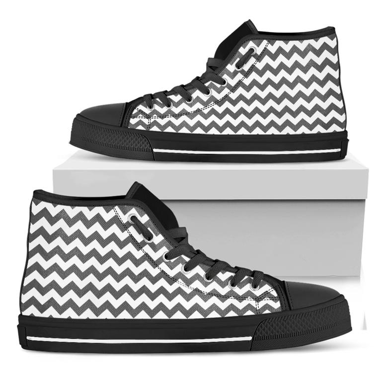 Grey And White Chevron Pattern Print Black High Top Shoes