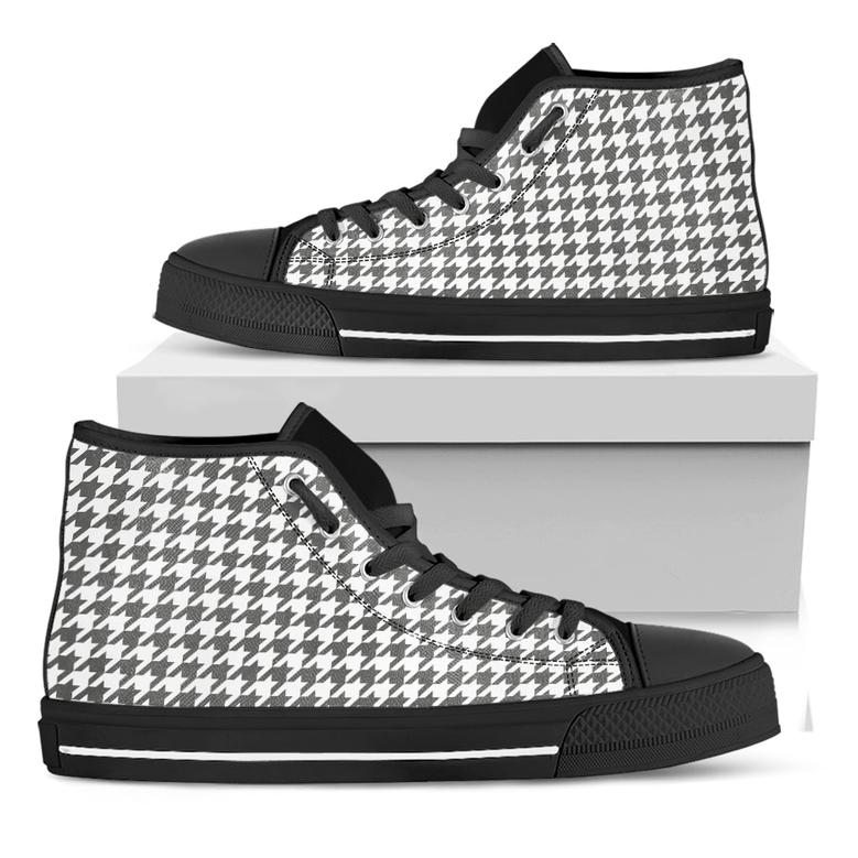 Grey And White Houndstooth Pattern Print Black High Top Shoes